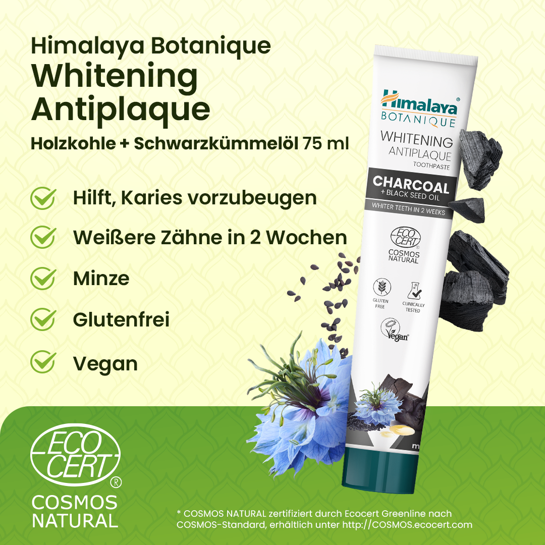 Himalaya Botanique Whitening Antiplaque Zahnpasta Holzkohle + Schwarzkümmelöl 75 ml